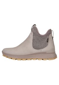 Bottines gris clair en cuir avec un col en tissu texturé gris, dotées d'une semelle en caoutchouc avec un motif de semelle pour une adhérence optimale.