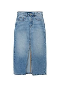 Denim midi krilo v svetlo modri barvi, z odprtino spredaj, visokim pasom in tradicionalnim pet-žepnim oblikovanjem s subtilnimi šivi.