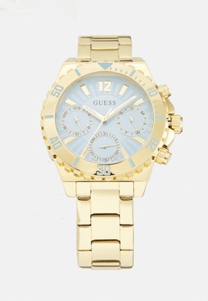 Gold-tone wristwatch with a light blue dial, silver accents, chronograph features, and a secure metal link bracelet.