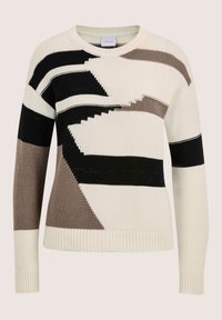 Langsleeve gebreide trui met ronde hals, voorzien van abstracte zwarte, beige en witte geometrische patronen.