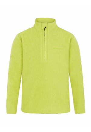 Pull-over en polaire vert lime vif avec un col zippé en demi-fermeture, présentant une texture douce et le logo "Protest" brodé sur la poitrine.