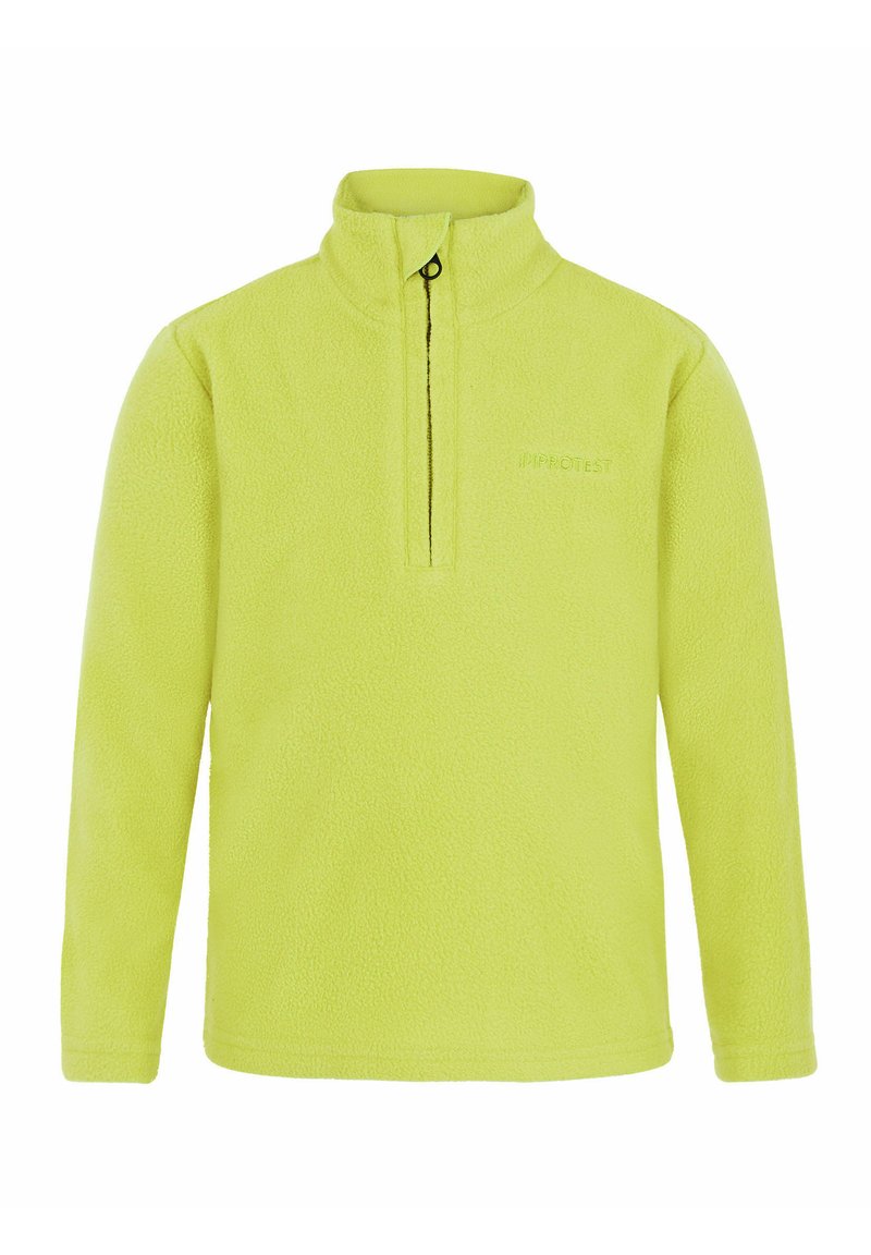 Pullover in pile di un vivace verde lime con colletto mezza zip, caratterizzato da una texture morbida e il logo "Protest" ricamato sul petto.