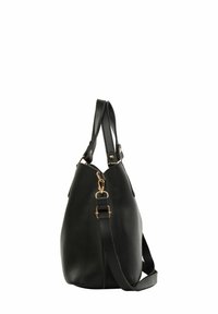 Black leather handbag with a structured shape, gold-tone hardware accents, adjustable strap, and short top handles.