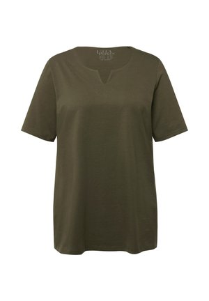 Olivgrünes T-Shirt mit kurzen Ärmeln, Rundhalsausschnitt und kleinem V-Ausschnitt. Hergestellt aus weichem, leichtem Stoff. Gerader Schnitt.