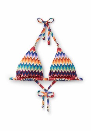 Triangle bikini top med flerfarvet zigzag-mønster, justerbare bindebånd ved nakke og ryg samt dekorative perleudsmykninger.