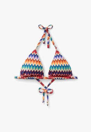 Triangle bikini top med flerfarvet zigzag-mønster, justerbare bindebånd ved nakke og ryg samt dekorative perleudsmykninger.