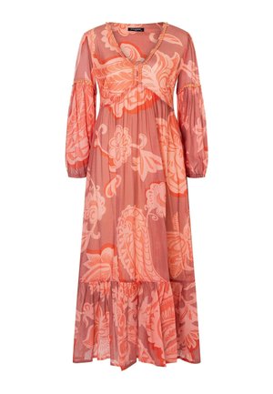 Langes Kleid mit Pfirsich- und Korallenblumenmuster, V-Ausschnitt, geraffter Empire-Taille, Ballonärmeln und einem Rüschensaum.