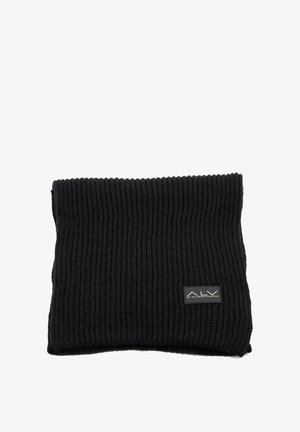 Scaldacollo nero lavorato a maglia con una texture a coste; presenta un'etichetta rettangolare piccola con il marchio bianco su un lato.