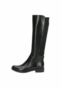 Bottes en cuir noir jusqu'au genou avec une finition lisse, panneau latéral élastique, bout arrondi et talon bas empilé pour le confort et le style.
