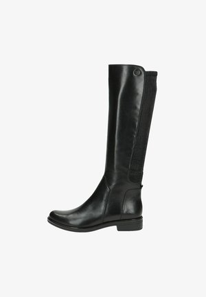 Knee-high mustad nahkkingad, millel on sile pind, elastne külgpanel, ümar varvas ja madal virnastatud konts mugavuse ja stiili jaoks.
