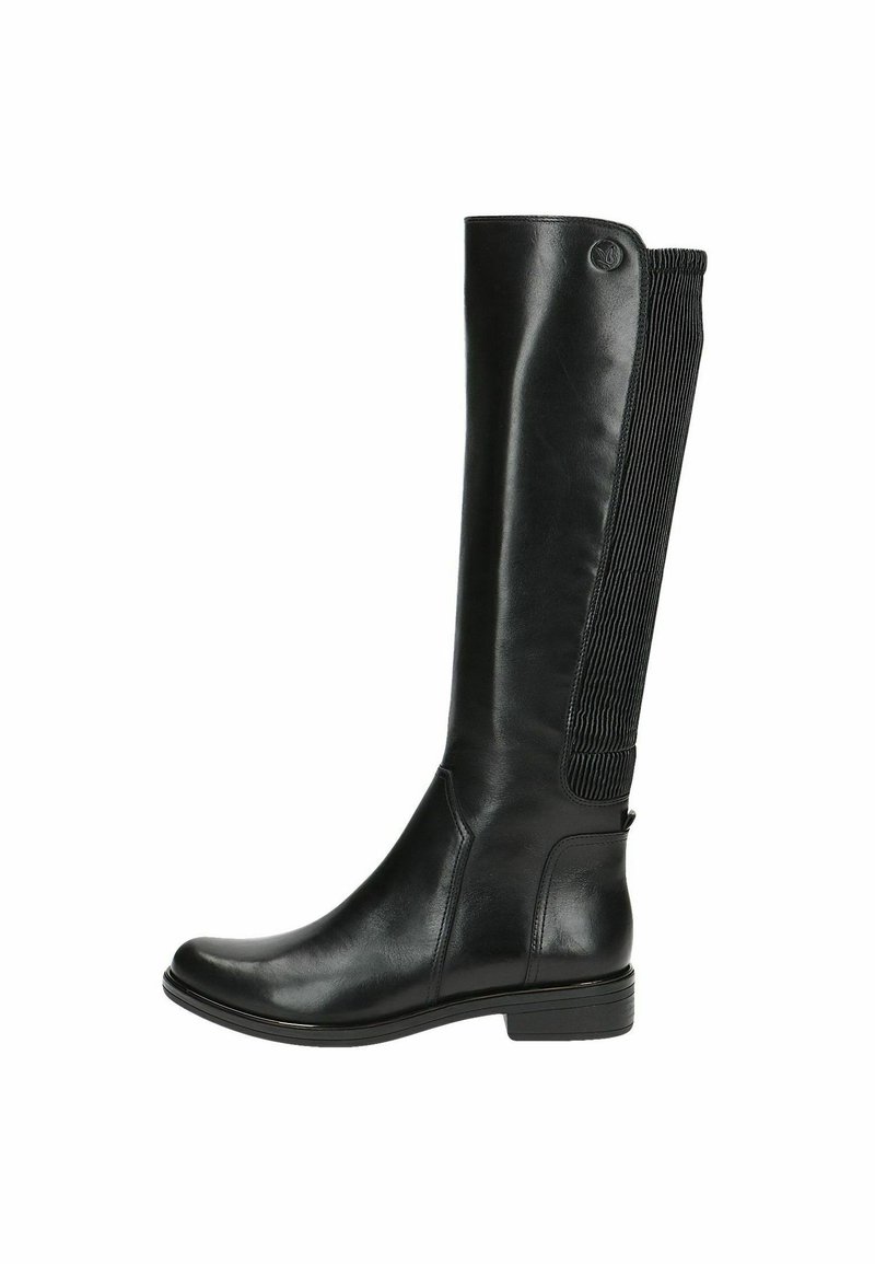 Bottes en cuir noir jusqu'au genou avec une finition lisse, panneau latéral élastique, bout arrondi et talon bas empilé pour le confort et le style.