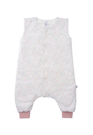 Sleeveless sleep sack in soft white fabric with pastel floral pattern. Features a front zipper and pink cuffs at the ankles.