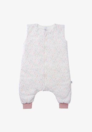 Sleeveless sleep sack in soft white fabric with pastel floral pattern. Features a front zipper and pink cuffs at the ankles.
