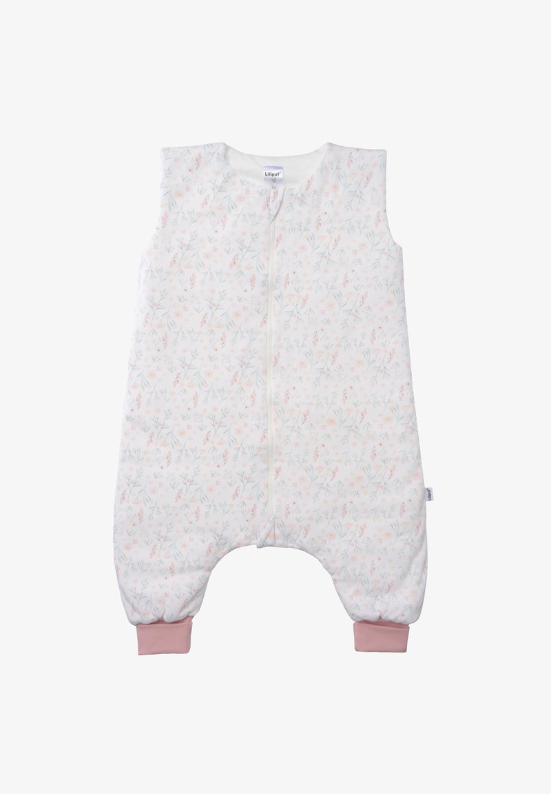 Sleeveless sleep sack in soft white fabric with pastel floral pattern. Features a front zipper and pink cuffs at the ankles.