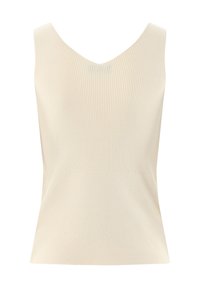 Rippstrick-Top in hellem Beige, mit V-Ausschnitt und lockerer Passform. Hergestellt aus einem weichen Stoff mit glatter Textur.