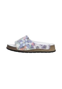 Slide sandal med flerfarvet slangeskindsprint på overdelen, hvid indvendig og brune strukturerede såler. Designet er åbent foran med en bred rem.
