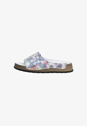 Slide sandal featuring a multi-colored snake print upper, white interior, and a brown textured sole. Design is open-toe with a wide band.