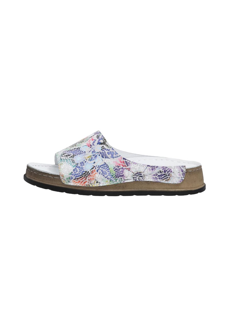 Slide sandal med flerfarvet slangeskindsprint på overdelen, hvid indvendig og brune strukturerede såler. Designet er åbent foran med en bred rem.