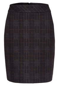 Falda a cuadros gris con patrones marrones y negros, con un diseño ajustado, cintura alta y cierre trasero con cremallera. Textura suave.