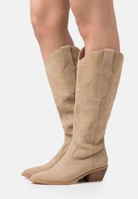 Beige Wildleder-Cowboystiefel mit spitzen Zehen, die mit bestickten Designs entlang des Schafts und einem gestuften Absatz versehen sind. Akzentuiert mit Ausschnitten.