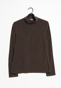 Ciemnobrązowy polar z kołnierzem na ćwierć zamka, długimi rękawami i miękką fakturą. Posiada metkę z logo wewnątrz kołnierza.