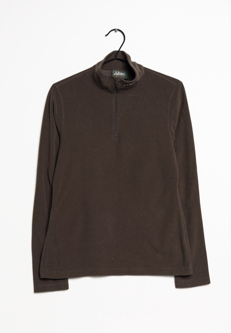 Ciemnobrązowy polar z kołnierzem na ćwierć zamka, długimi rękawami i miękką fakturą. Posiada metkę z logo wewnątrz kołnierza.