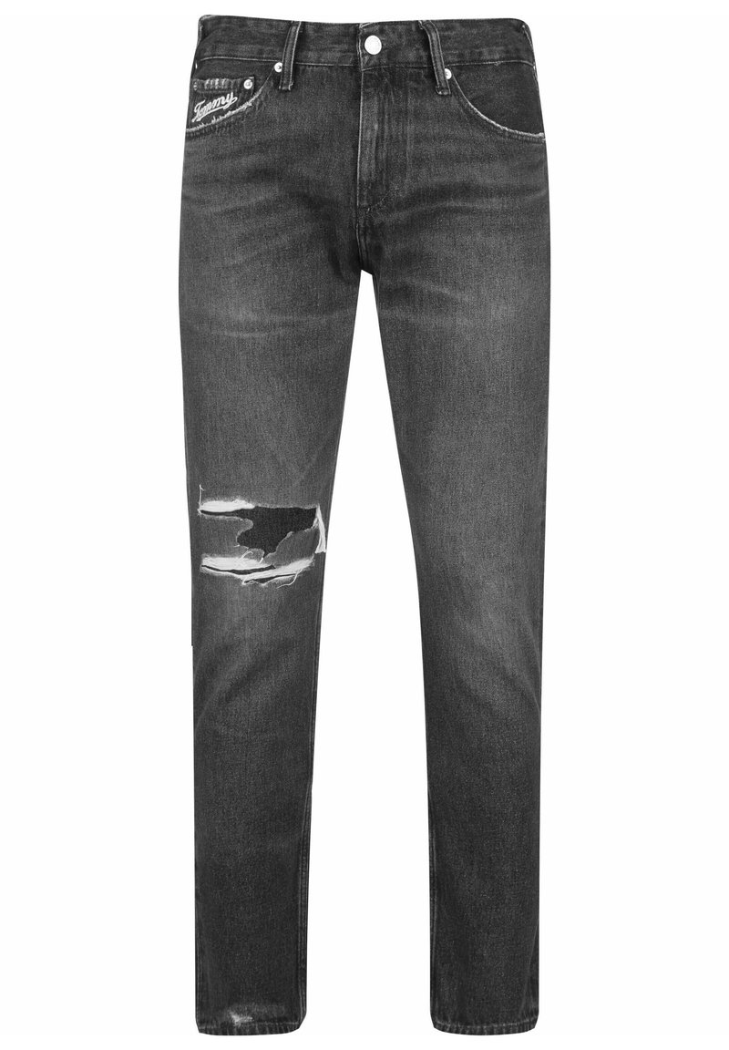 Black denim jeans with a straight fit, featuring a distressed knee area, five-pocket design, and subtle branding on the front pocket.