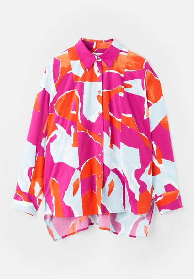 Button-up shirt featuring a colorful abstract pattern in pink, orange, and light blue. Made from smooth fabric with a collar and long sleeves.