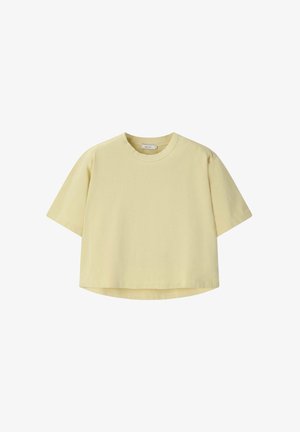 Pale yellow short-sleeve cropped t-shirt with a round neckline and slightly curved hem.