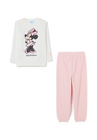 Camiseta blanca de manga larga de Minnie Mouse con un lazo rosa y un vestido, acompañada de pantalones de chándal de cintura elástica en rosa claro para niños.