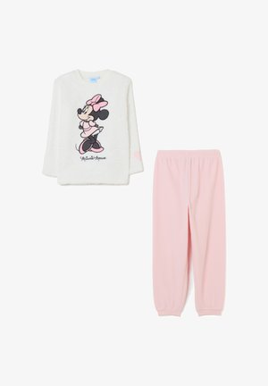 White long-sleeve Minnie Mouse top with pink bow and dress paired with light pink elastic waist sweatpants for children.