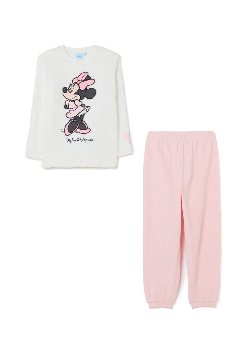 Camiseta blanca de manga larga de Minnie Mouse con un lazo rosa y un vestido, acompañada de pantalones de chándal de cintura elástica en rosa claro para niños.