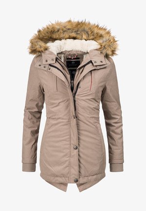 Beige padded park coat with a faux fur hood, zip and snap closure, ribbed cuffs, and two side pockets. Lined with soft fabric.
