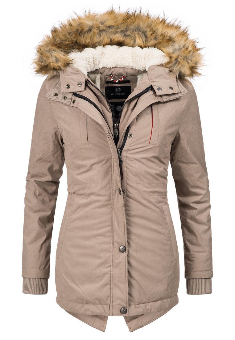 Beige padded park coat with a faux fur hood, zip and snap closure, ribbed cuffs, and two side pockets. Lined with soft fabric.