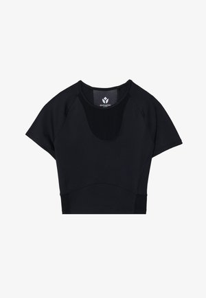 Zwarte sportieve crop top met korte mouwen, voorzien van een ronde nek, textuurpaneel details en een nauwsluitend ontwerp voor een gestroomlijnde uitstraling.