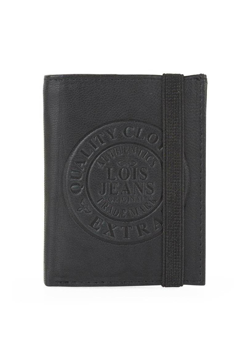 Cartera de cuero negra con banda elástica, con un logotipo redondo en relieve que dice "Lois Jeans Original Trademark Quality Clothing Extra".