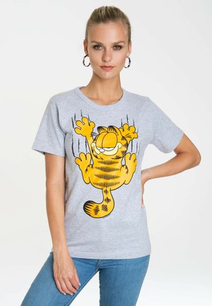 Gray cotton t-shirt featuring a large, colorful graphic of a cartoon cat with orange fur and black stripes, depicting playful claws.