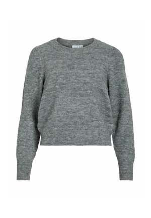 Sivkasta pletena jopica z okroglo otvoritvijo, dolgimi rokavi in teksturiranimi vzorci po celotni površini. Ima skrajšan kroj in mehak material.