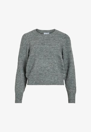 Grauer Strickpullover mit rundem Halsausschnitt, langen Ärmeln und strukturierten Mustern. Hat eine verkürzte Silhouette und besteht aus weichem Material.