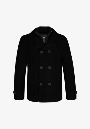 Zwarte p-coat van wolmix, met een dubbelgeknoopte uitstraling, grote zwarte knopen en een opstaande kraag. Gezellige binnenvoering.