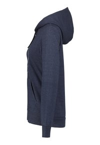Navyblauwe hoodie met een gestructureerde stof, kangoeroezak en rib gebreide boorden. Voorzien van een capuchon met trekkoord en een getailleerde pasvorm.
