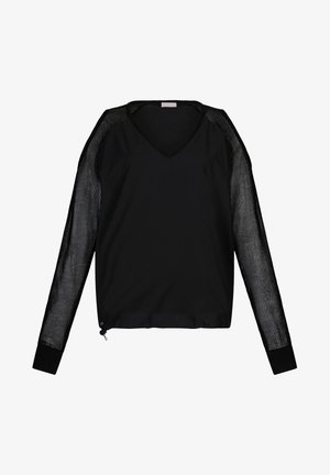 Czarny top z długim rękawem i dekoltem w serek, z rękawami z siateczkowej tkaniny. Posiada miękką część główną, ribbowany dół oraz subtelny detal z logo na klatce piersiowej.