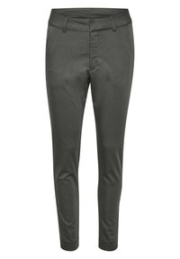 Pantaloni slim-fit grigio scuro realizzati in tessuto morbido. Presentano una parte anteriore piatta, passanti per la cintura e polsini affusolati. Texture liscia, senza motivi visibili.