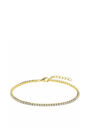 Bracelet ton or orné de strass clairs dans un design flexible. Dispose d'un fermoir sécurisé et d'une chaîne réglable pour varier la taille.