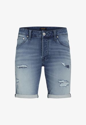 Shorts de mezclilla en azul claro con un acabado desgastado. Presentan detalles deshilachados y dobladillos enrollados. Diseño clásico de cinco bolsillos con cierre de botón metálico.