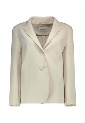 Crèmekleurige damesblazer met een inkeping reverskraag en twee knopen aan de voorkant, weergegeven op een effen witte achtergrond.