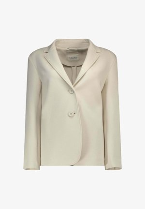 Crèmekleurige damesblazer met een inkeping reverskraag en twee knopen aan de voorkant, weergegeven op een effen witte achtergrond.