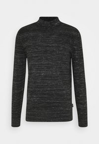 Maglione nero a collo alto realizzato in tessuto a maglia testurizzato con un sottile motivo mélange. Presenta maniche lunghe e un piccolo logo sul colletto.