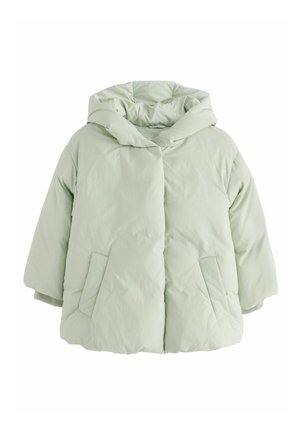 Giacca imbottita verde chiaro con cappuccio, caratterizzata da una vestibilità comoda, tasche laterali e un materiale esterno liscio e testurizzato.