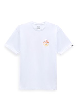 Biała koszulka Vans z małym pomarańczowym logo palmy i napisem "Off The Wall" po lewej stronie klatki piersiowej, z okrągłym dekoltem i krótkimi rękawami.